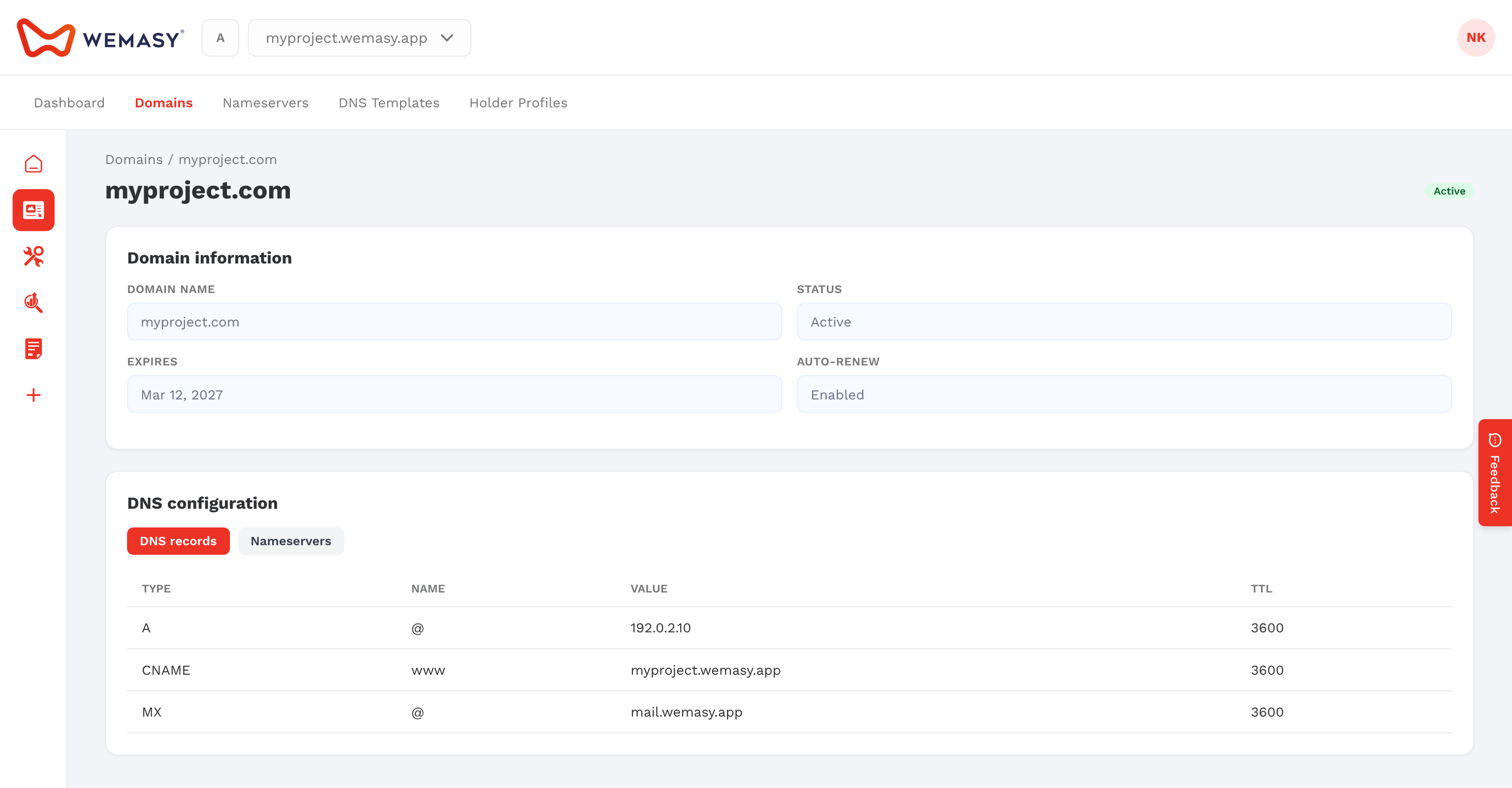 The domain configuration section in project settings