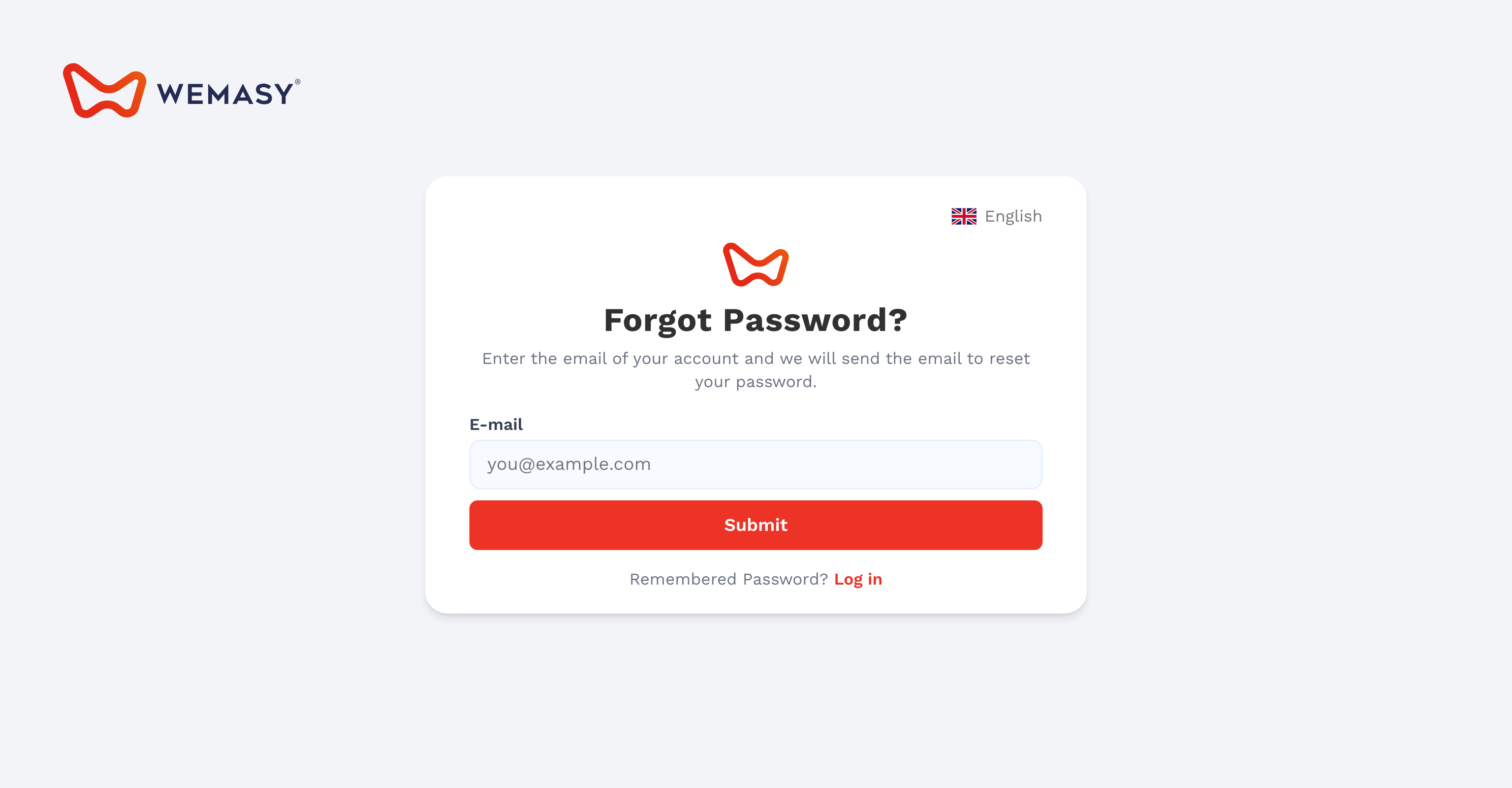 The WEMASY password reset request screen