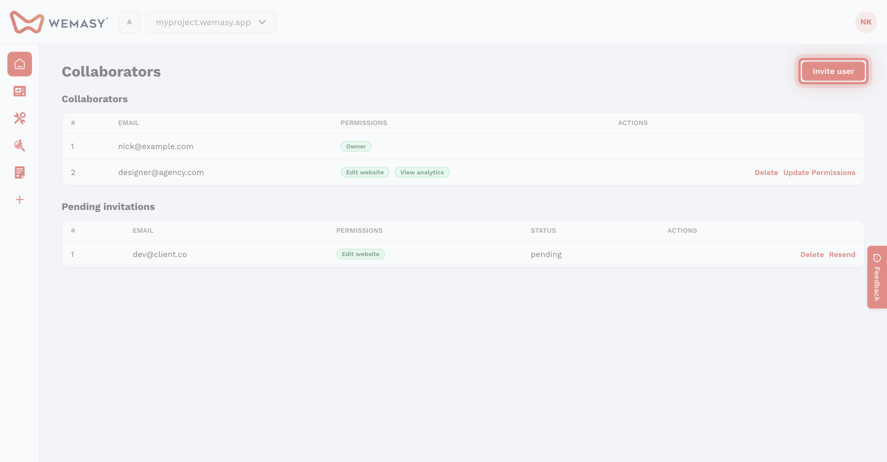 The WEMASY collaborators and ownership screen