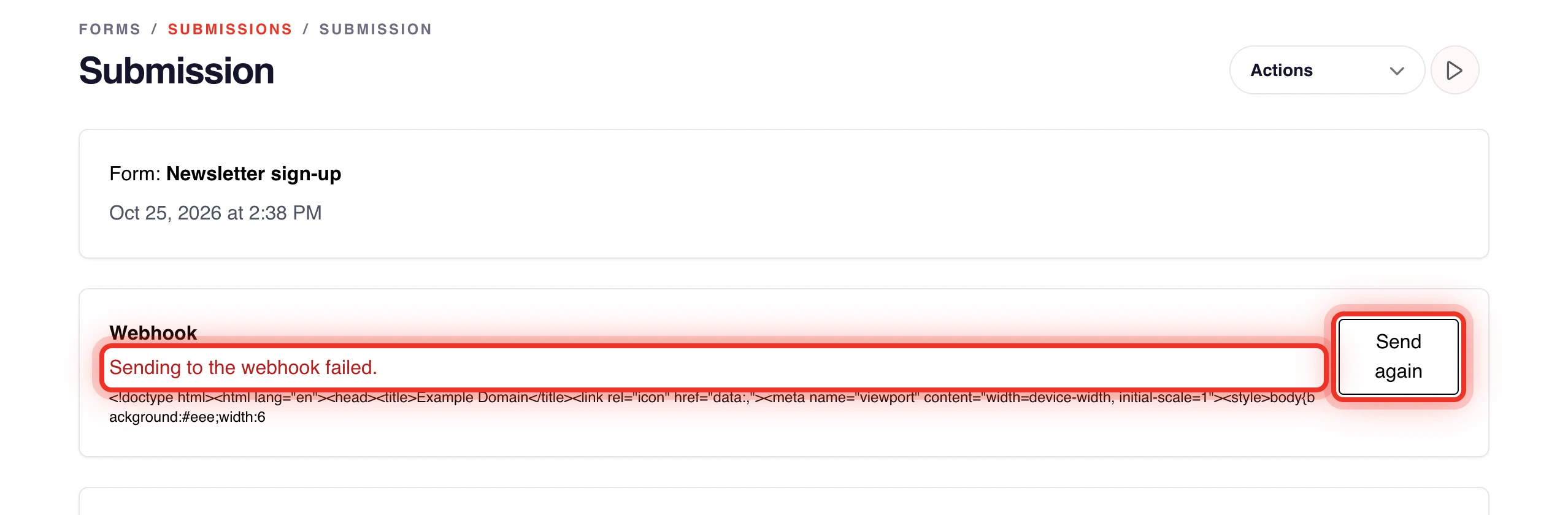 A submission whose webhook failed, with the Send again button