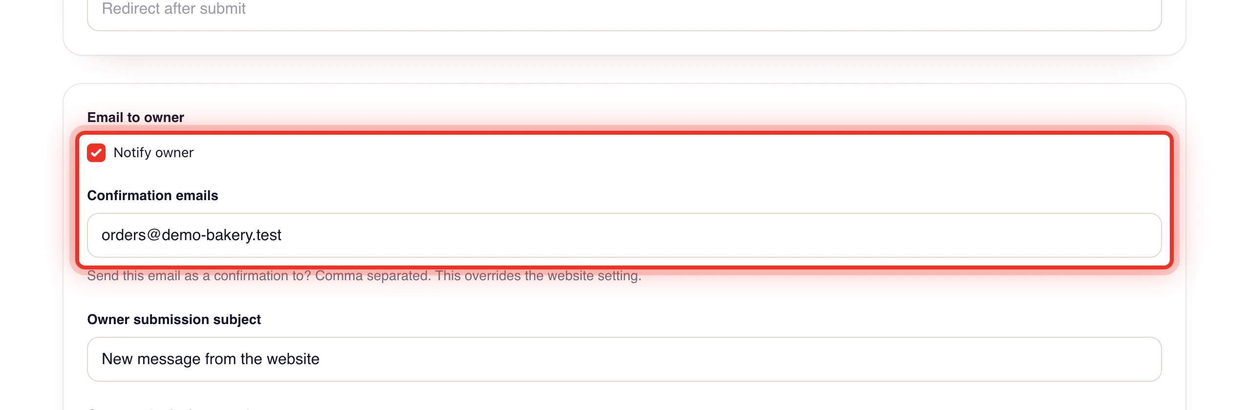 The Notify owner checkbox and the Confirmation emails field