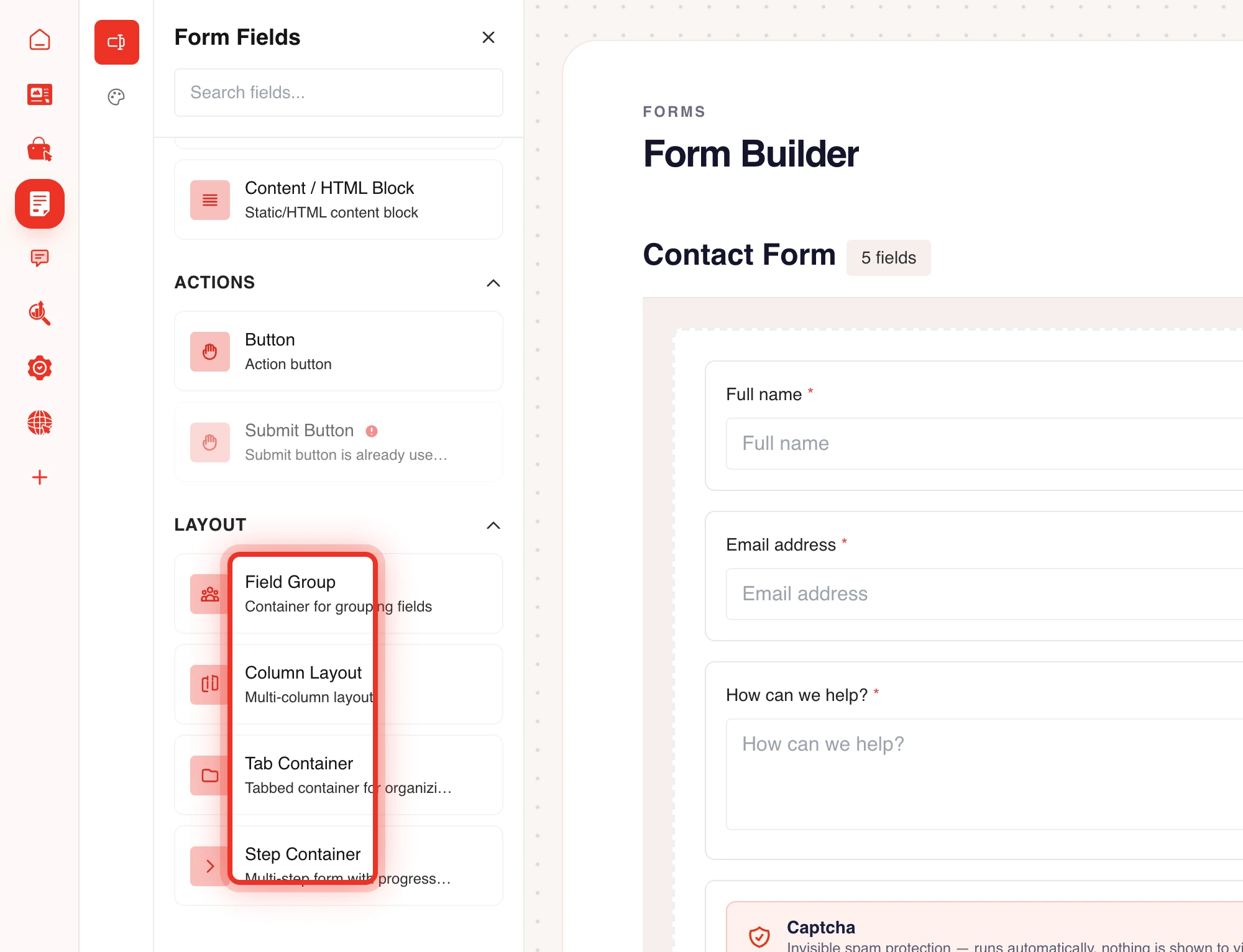 The Layout category in the field sidebar with Column Layout, Tab Container and Step Container