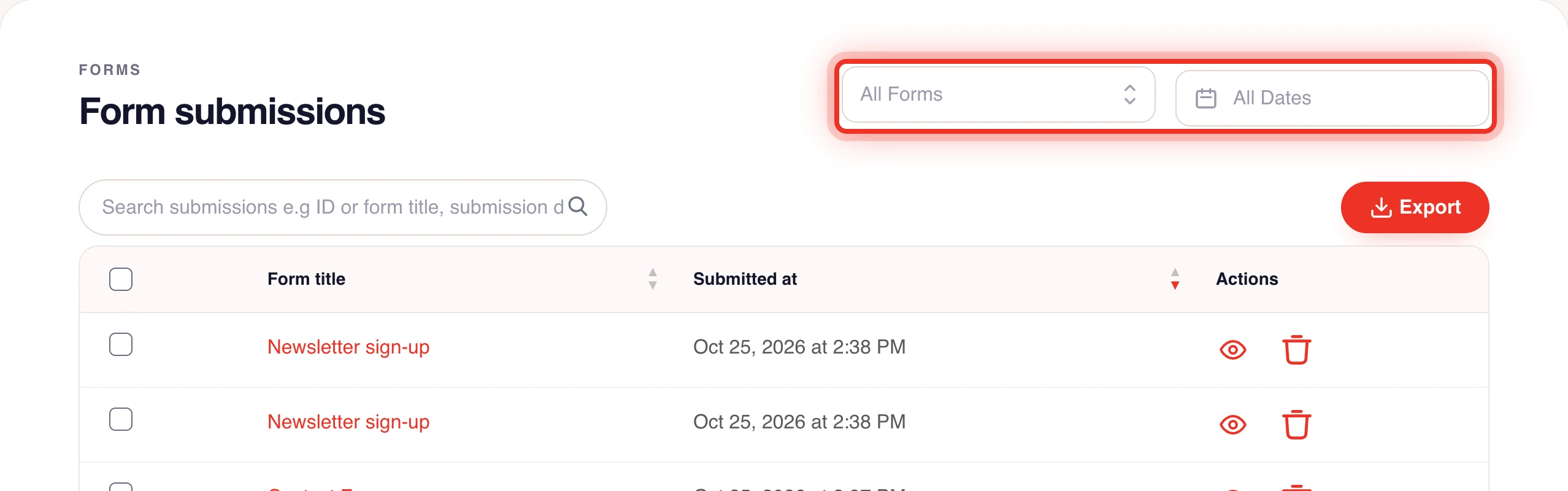 The All Forms and All Dates filters of the submissions list