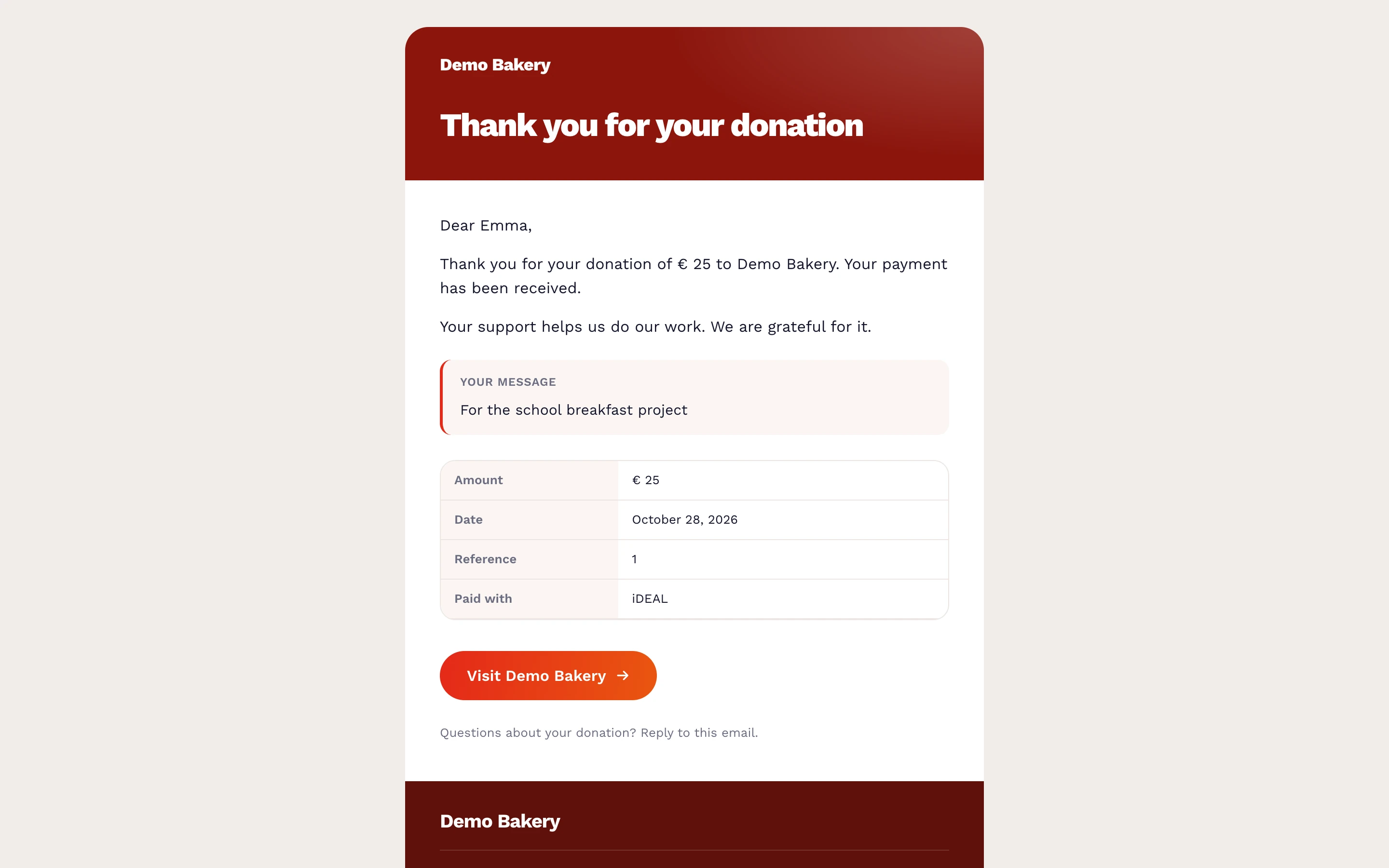 The thank you email a donor receives with the amount, the date and the reference