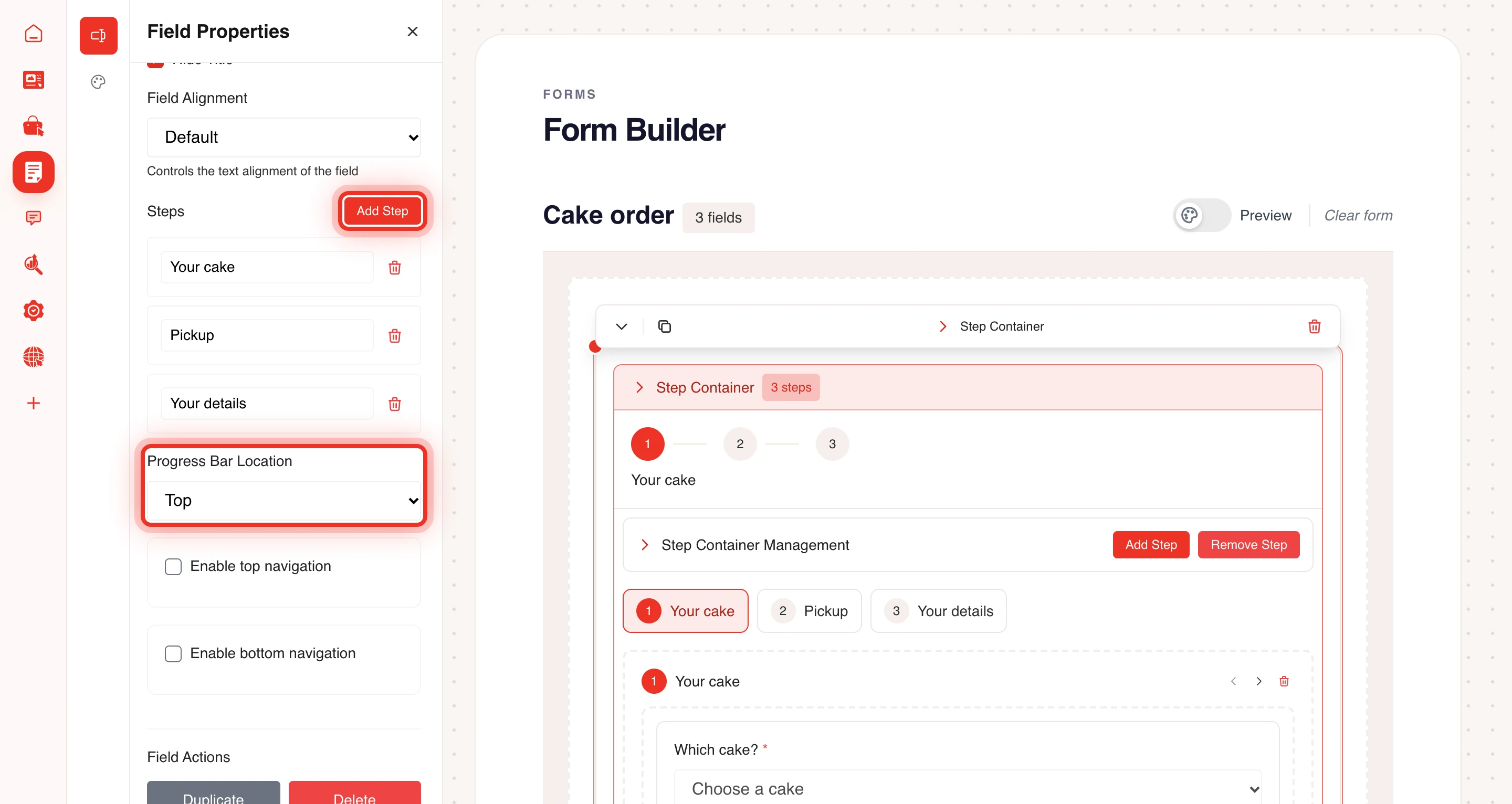 The properties of a step container in the form builder
