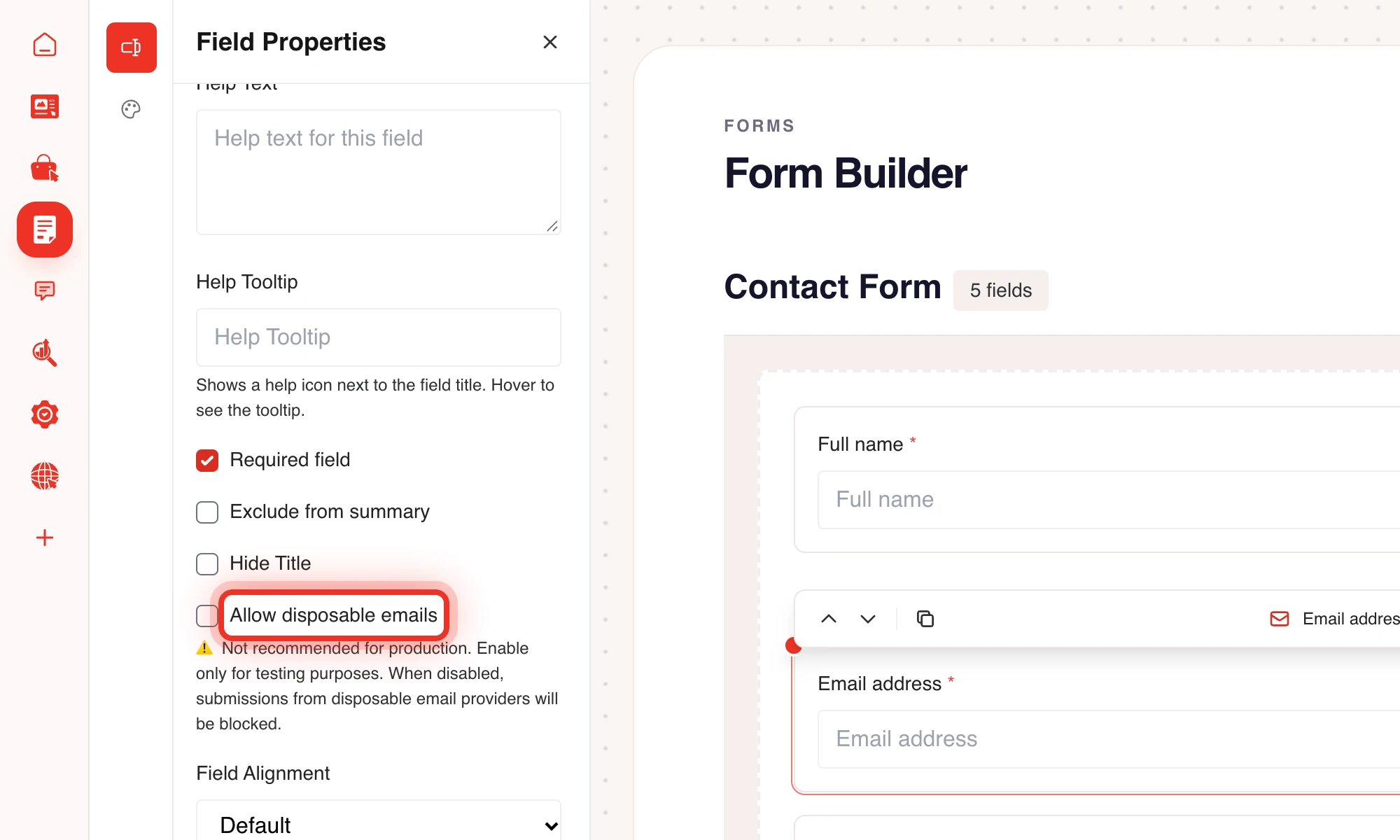 The Allow disposable emails option of an email field