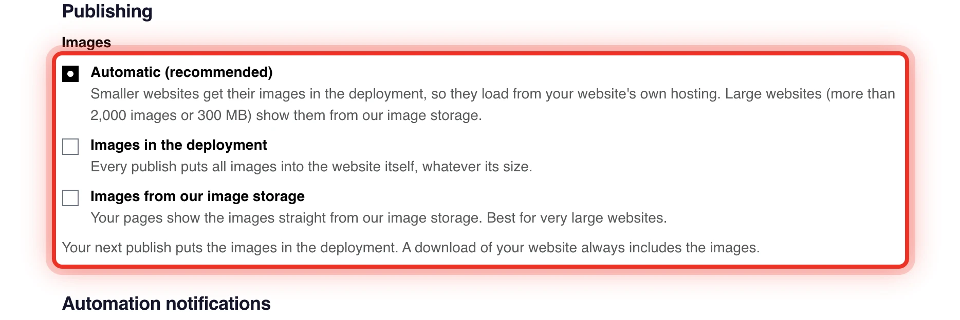 The Publishing section in the WEMASY project settings with the options for images