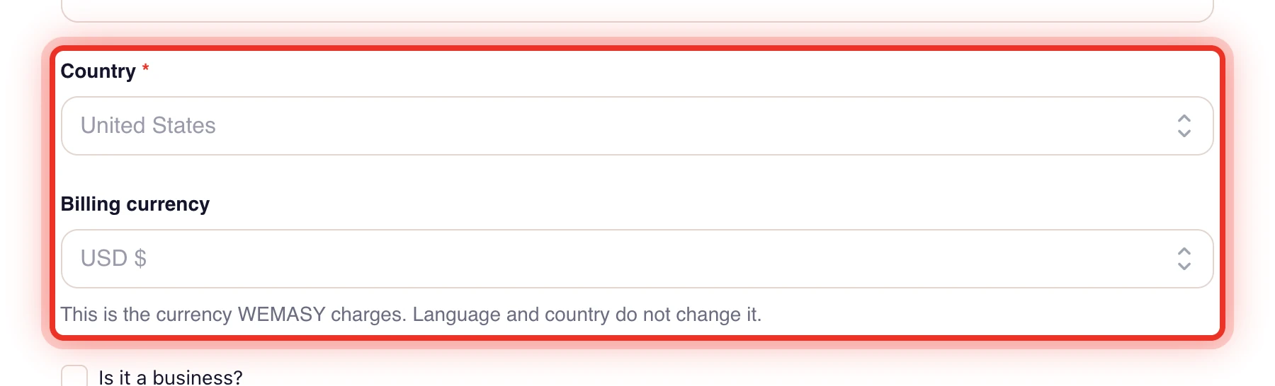 The billing details with the Country and Billing currency fields