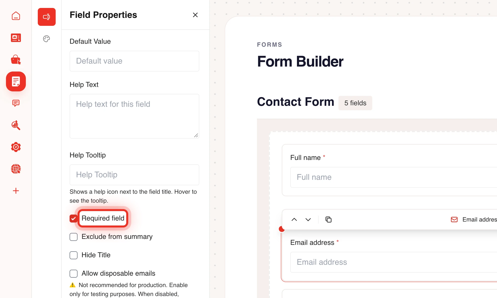 The Required field checkbox in Field Properties