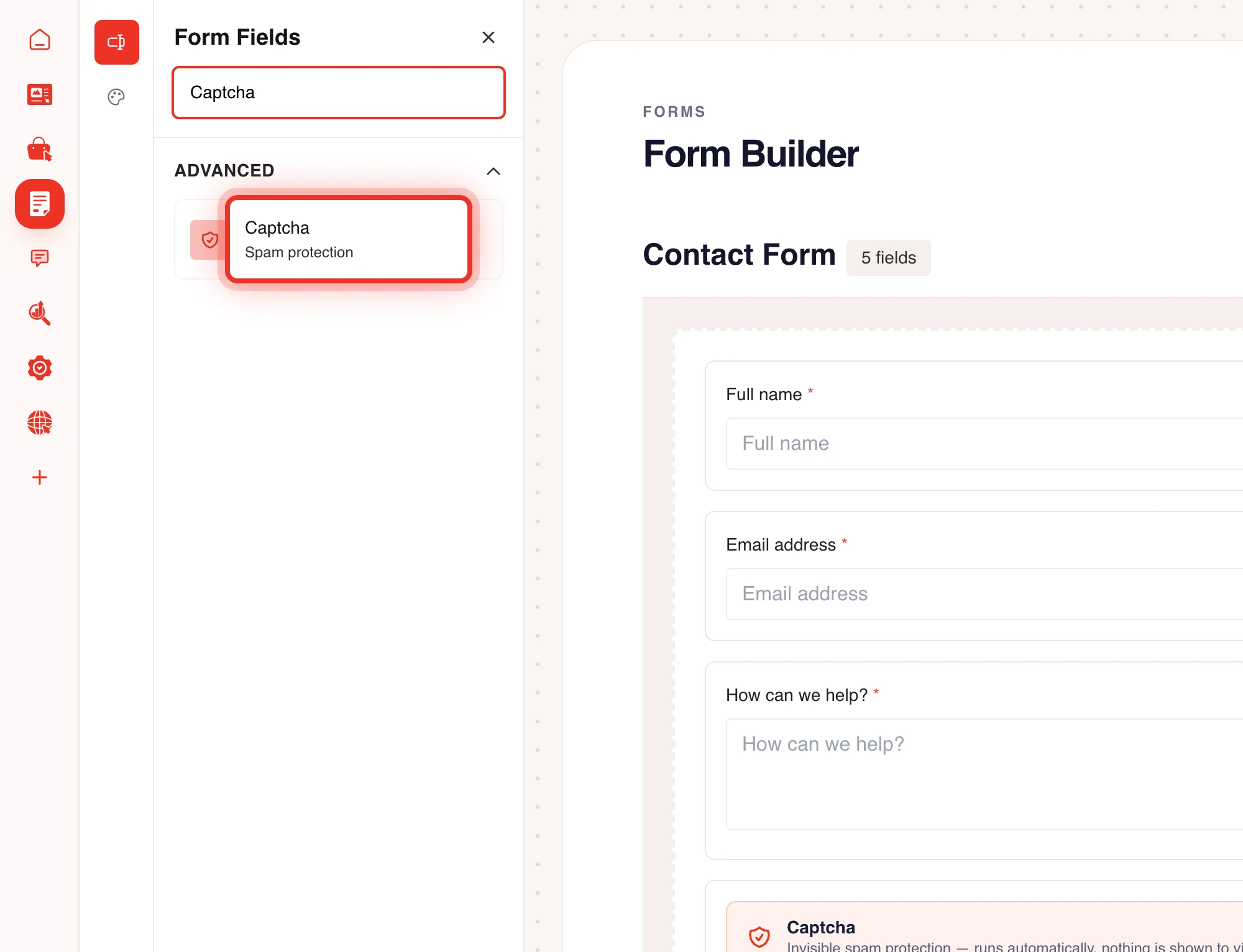 Captcha under Advanced in the field sidebar of the form builder