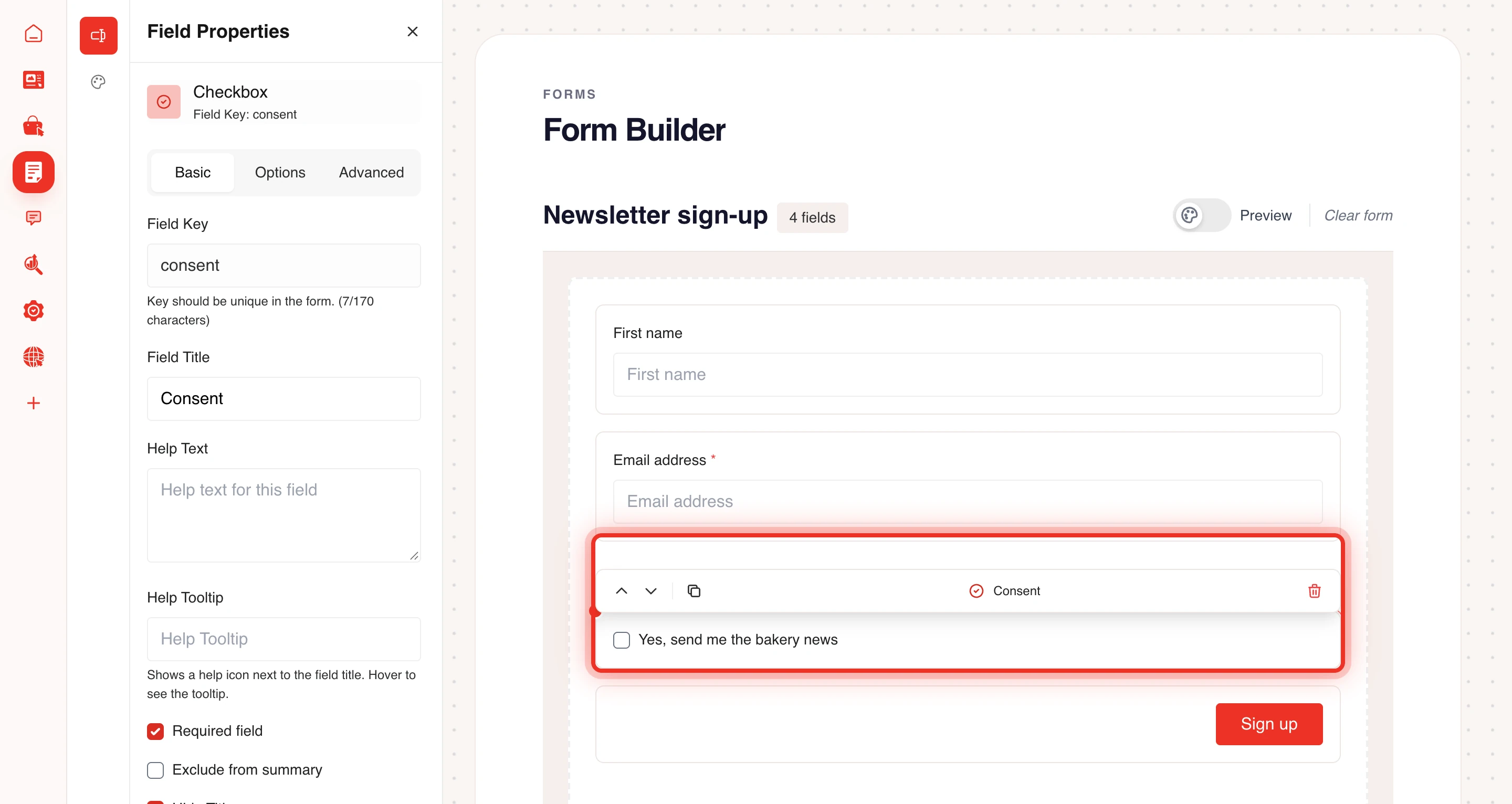 A Checkbox (True/False) field used for newsletter consent in the form builder